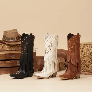 【Rodeo Boots】Wranglette Women's Fringe Western Cowboy Boots - Black Faux Leather with Aztec Embroidery, Multi-Layer Tassels, Pointed Toe & Block Heel | Boho-Inspired Country Style Footwear Festival & Casual Looks