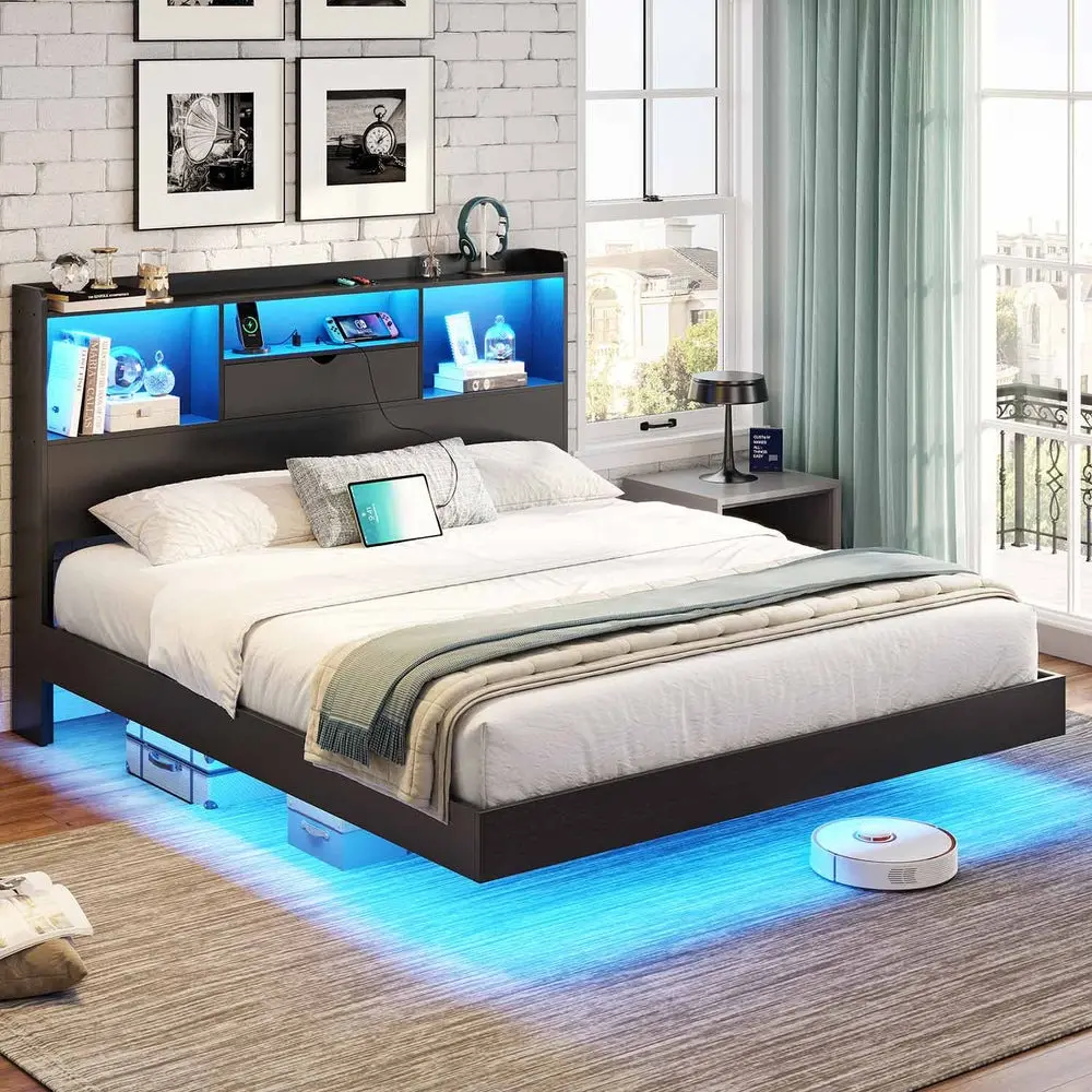 [SummerSale] Sikaic Floating Bed Frame with LED Lights & Storage Headboard, Modern Visual Floating Platform Bed with Charging Station, Sturdy Metal Bed Frame, No Box Spring Needed, Easy Assembly, Home Furniture, Dorm Essentials