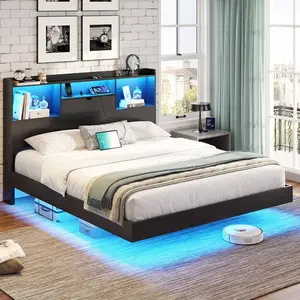 Sikaic Floating Bed Frame with LED Lights and Headboard Storage Black Modern Metal Platform Visual Floating Bed with Charing Station and Stable Structure