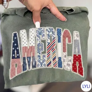 Faux Quilted America Comfort Colors Shirt, USA Patchwork Flag Tee, Vintage American Flag Lace Top, Patriotic 4th Of July Red White Blue Patchwork Custom Name Shirt T-shirt