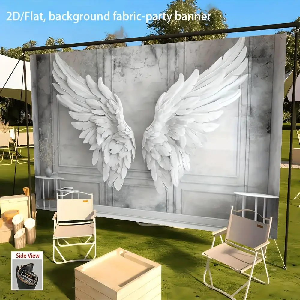 1pc Elegant White 2D Flat Angel Wings Decorative Banner - Polyester Fabric Backdrop with Extended Span, No Electricity Needed, Easy-Hang Adhesive Strips for Wedding, Birthday Party Decorations Banners