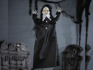 27.5" Animated Hanging Doll - Cracked Face Halloween Prop