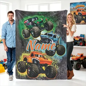 Personalized Monster Truck Racing Flannel Blanket, Custom Name Text Number Design Soft Plush Fleece Throw for Adults Kids, All-Season Bed Sofa Couch Gift