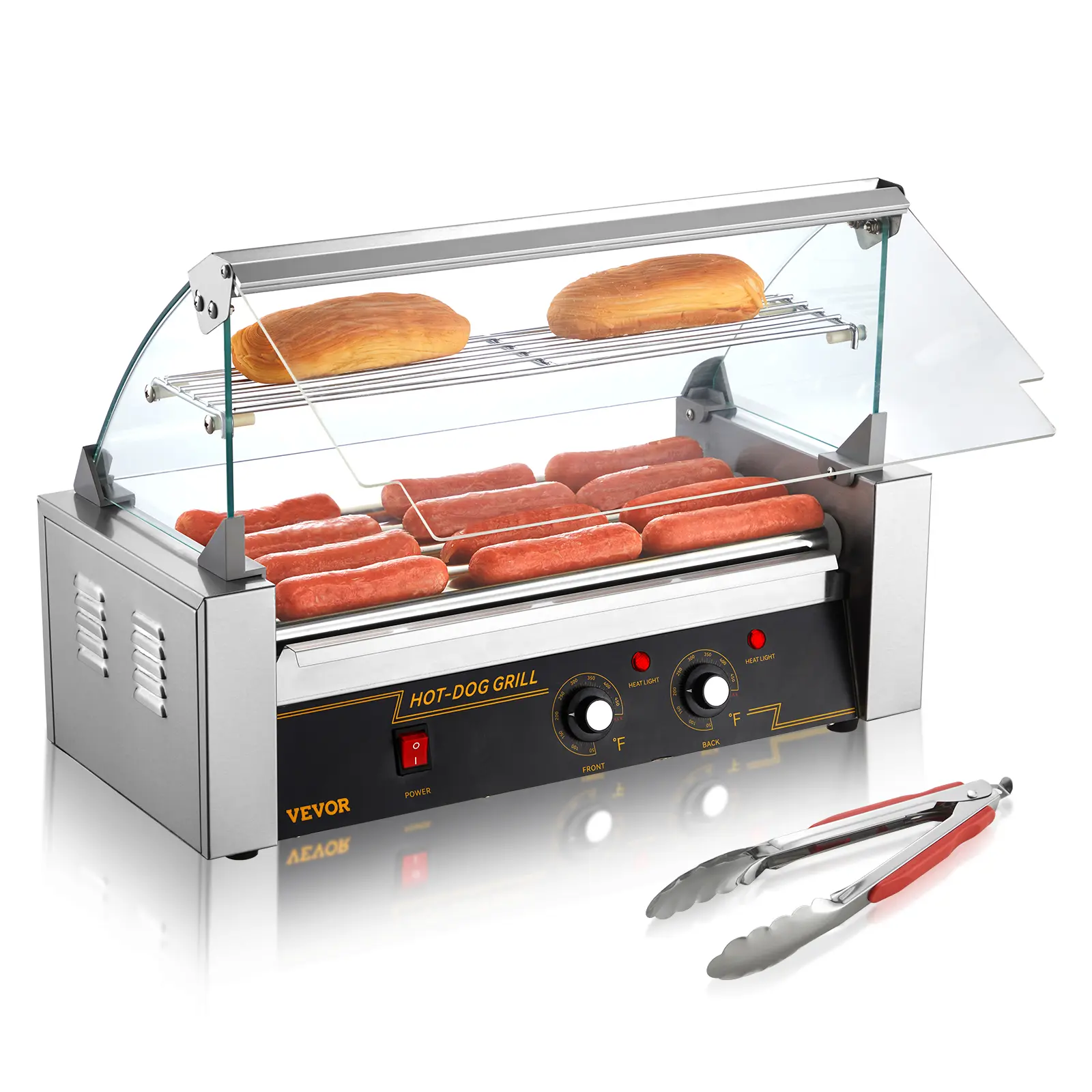 【DealsForYouDays】VEVOR 5-Roller Rotating Grill - 12-Capacity 750W Stainless Steel Food Cooker with Dual Temp Ctrl, Glass Hood, Acrylic Cover, Bun Warmer Shelf, Removable Oil Drip Tray, ETL Certified for Family Parties