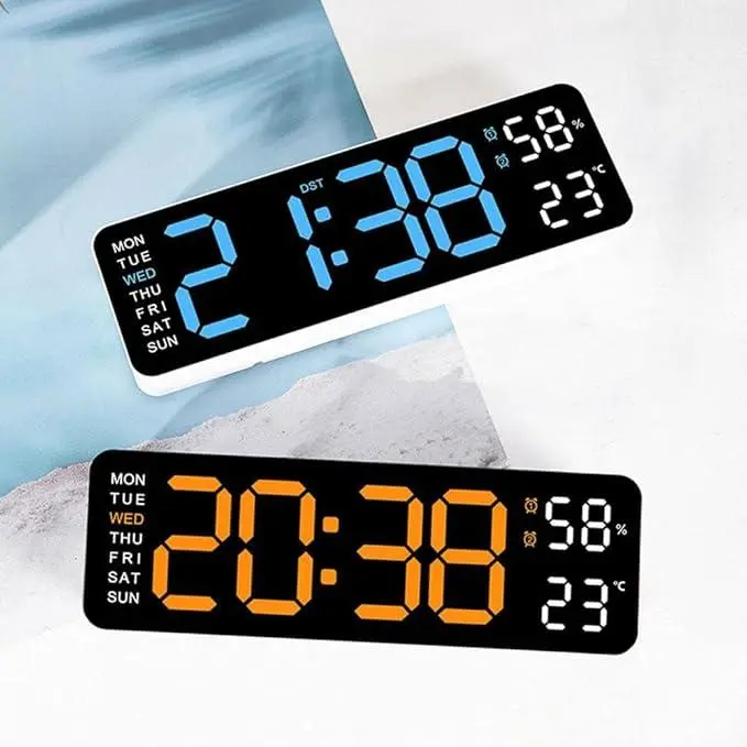 Digital Wall Clock, Large Display Digital Clock with LED Technology, Countdown Dimmer, DST Date, Week Temperature, Large Display Home Decor Blue(For plug in use only)
