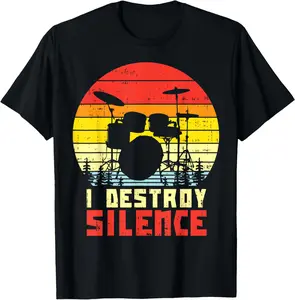 Cotton Graphic Tees Streetwear I Destroy Silence Drums Retro Drumming Music Drummer Gift T-Shirt