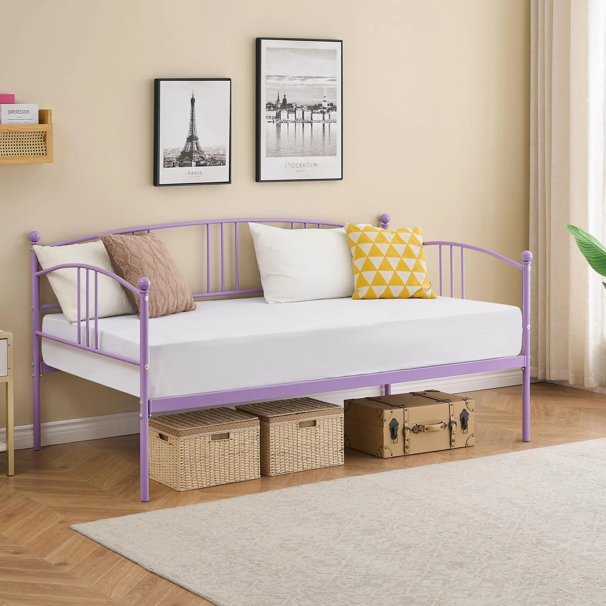 Garvee Twin Day Bed with Pullout Trundle, Metal Frame with Steel Slat Support, 6-Caster Sofa Bed (350 lbs Weight Capacity, 62.4 lbs Item Weight) for Bedroom, Living Room, Child Use, Pink