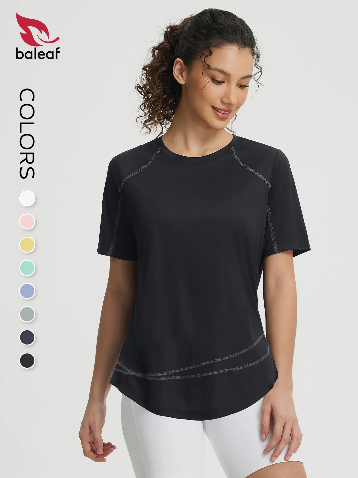 BALEAF Women's UPF 50+ UV Protection Short-Sleeve Round Neck Athletic T-Shirt - Quick Dry, Lightweight, Soft, Skin-Friendly, Breathable, Moisture-Wicking, Stretchy, Loose Fitted, Contrast Stitching, Curved Hem Top for Gym, Hiking