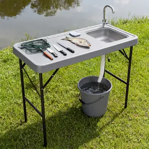 Fish Cleaning Table, Portable Folding Camping Table, 45" Outdoor Fish Cleaning Station with Sink,Faucet, Drainage Hose, Working Platform for Camping