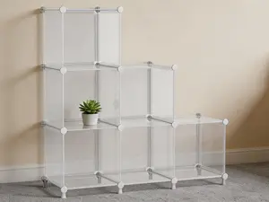 6-cube DIY storage organizer, transparent twill plastic design. Stackable modular shelf functions as closet storage, bookshelf and clothing rack. Lightweight, easy to assemble, perfect for bedroom and household tidying.