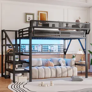 Queen Size Metal Loft Bed Frame with Grid & Staircase & Built-in Storage Shelves & Wardrobe, Metal Loft Bed with LED Light, Solid Slats & Guardrail, No Box Spring Required, Easy Assembly, for Bedroom, Black