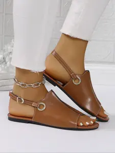 Women's Flat Sandals Casual Fashion Trendy Beach Shoes European Style New 2026 Summer Sparkle Walking Shoes, PU Leather, Round Toe, Medium Width, Glitter Strappy Sandals