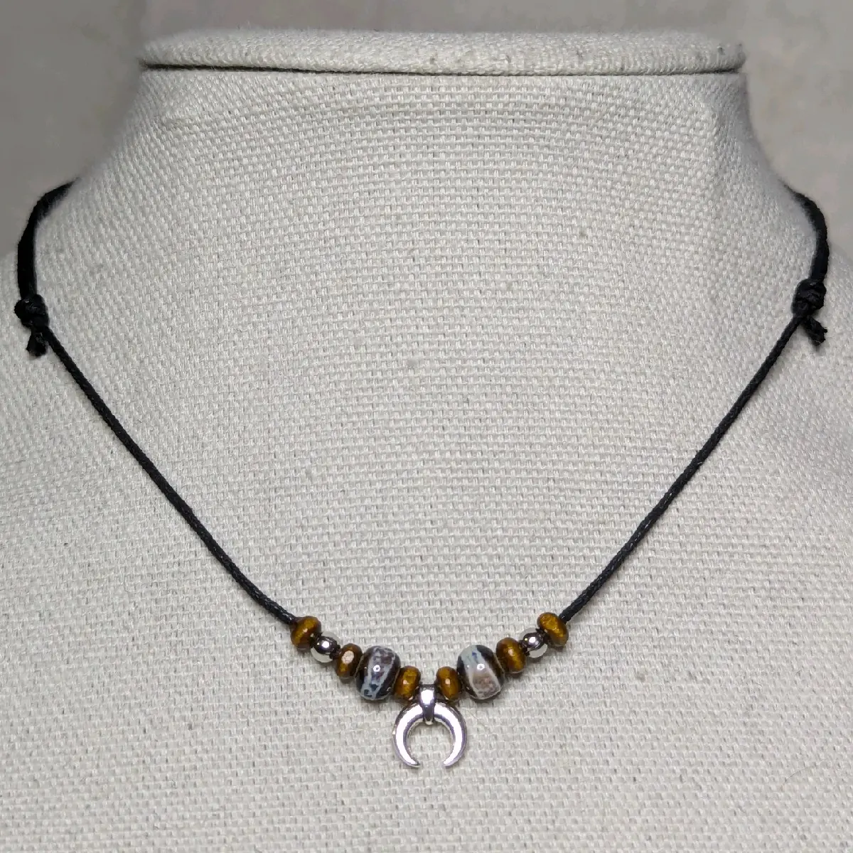 Tiny Crescent Moon Silver Charm Ceramic Boho Hippie Whimsical Adjustable Black Rope Cord Choker Stacking Necklace jewelry