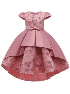 Random Floral Embroidery Pattern Contrast Sequin High Low Formal Dress, Elegant Puff Sleeve Bow Decor Fit & Flare Dress for Party Performance Wedding Guest, Kids Clothes for All Seasons