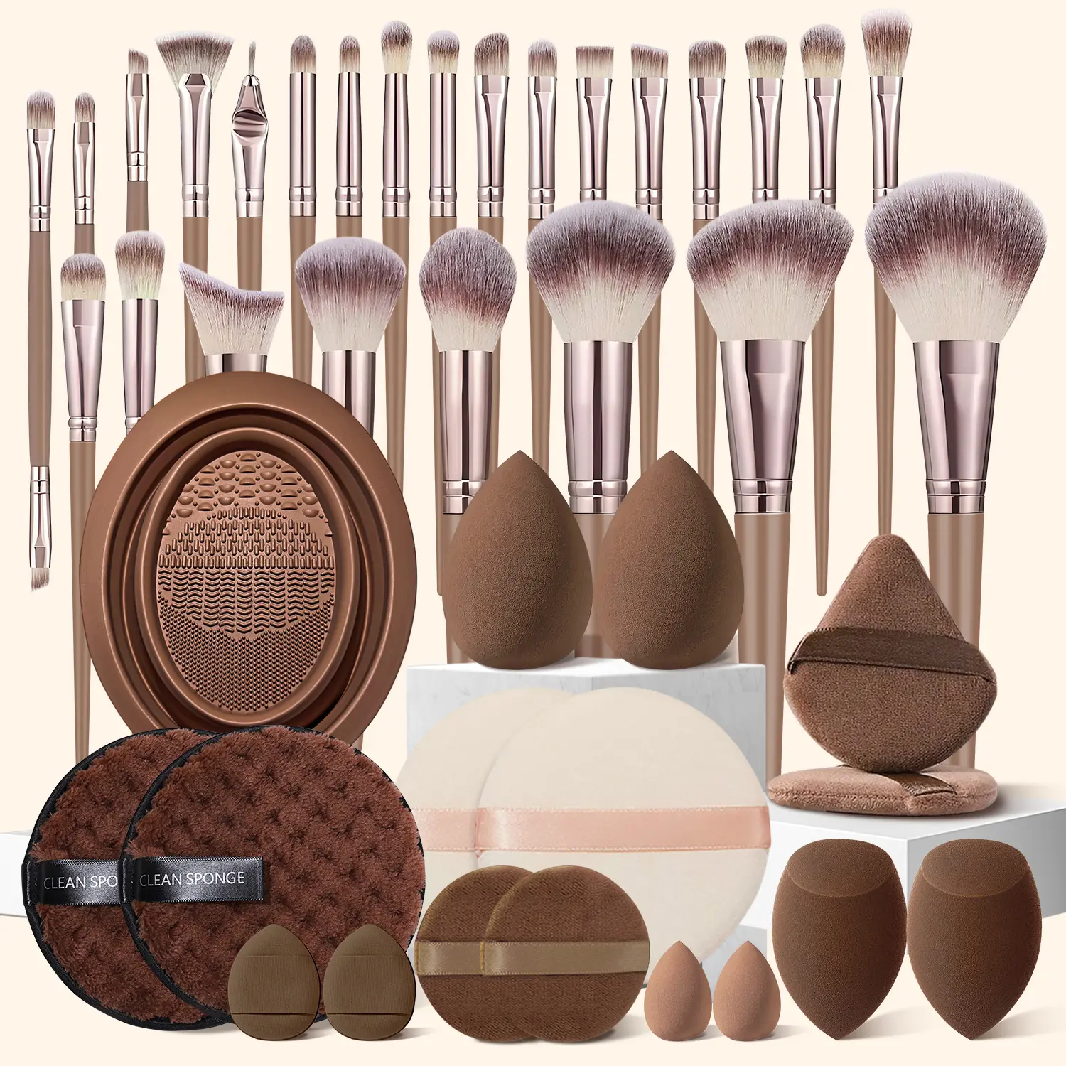 42Pcs Makeup Brushes Set, Face Makeup Tool Set Includes 25Piece All-in-One Beauty Brush Set with Normal and Mini Makeup Sponges, Finger Puffs, Triangle Puffs, Circular Makeup Puffs, Cleaning Brush, Cleaning Sponges, Make up Brush Kit for All Skin Types