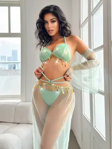 Green Princess Jasmine Costume Lingerie, Metallic Top with Sheer Skirt & Sleeves,nap dress,bra and sheer blouse,bras,clothes haul,curvy,altgirl,rave outfit,lenceria sexi mujer  altgirl rave outfit cool girl outfits