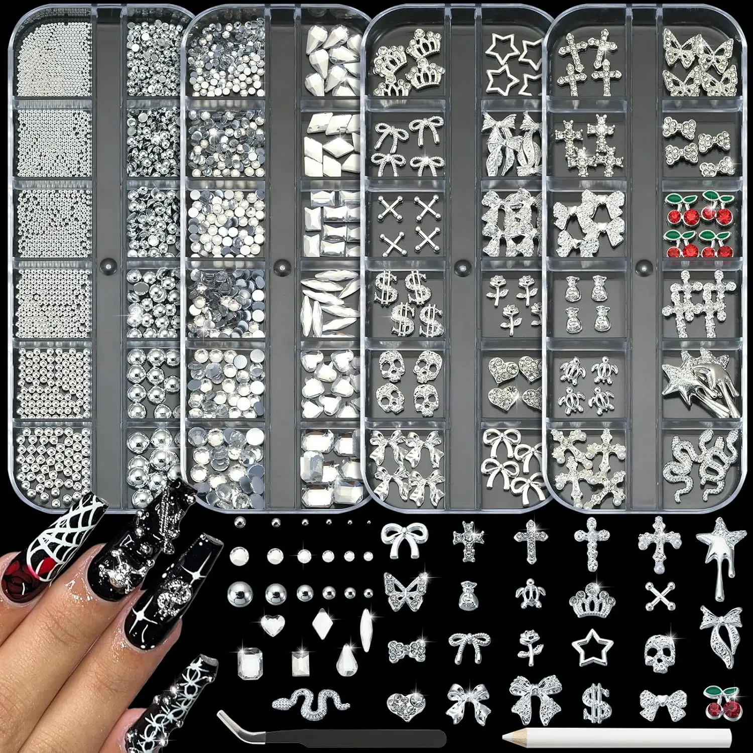 4 Boxes Silver Nail Charms and Gems Y2K Silver Charms for Nails Design Rhinestones Caviar Beads Cross Star Bow Nail Decoration Nail Art Products