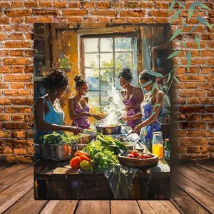 A Wooden Frame Canvas Painting, Vivid Kitchen Scene Art Print, Suitable for Bedroom and Living Room Home Decoration, Colorful Female Cooking Canvas Print, Framed, Ready to Hang, Gift Ready