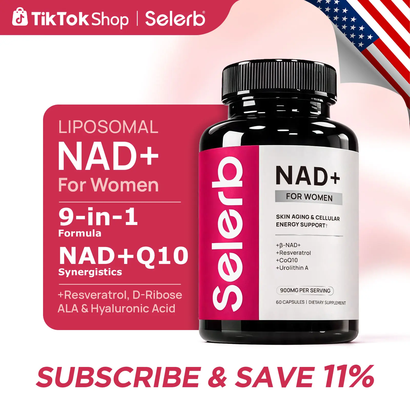 Selerb NAD+ Supplement for Women NMN Alternative Liposomal -β-NAD+, Trans-Resveratrol, CoQ10, D-Ribose - Supports Cellular Renewal, Energy & Skin Health - 60 Capsules Healthy Healthcare  Fitness Edible Dietary Vitamins Optimum