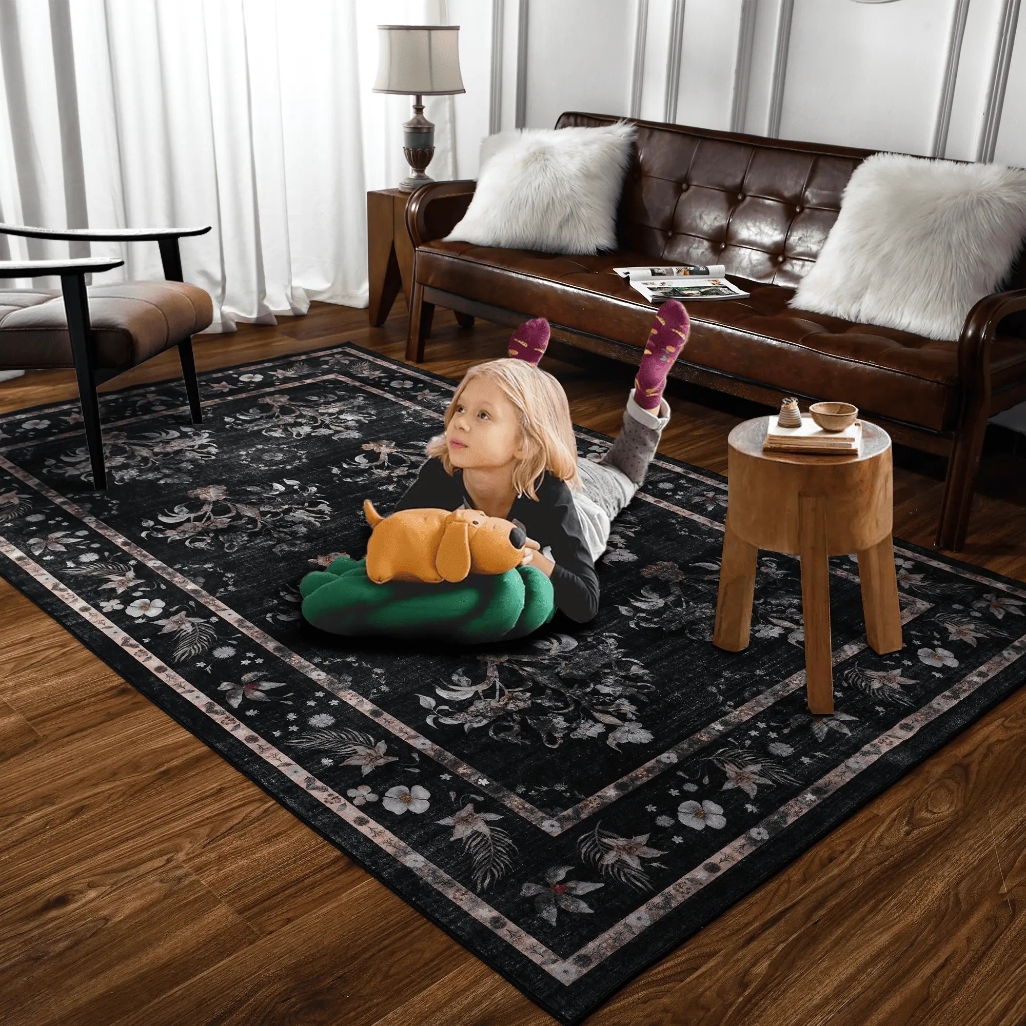 Brown Washable Faux cashmere Area Rug,Indoor Home Decor Rug,vintage printed carpet,Boho Vintage Distressed Non-Slip Low-Pile Non Slip Carpet for Living Room,Dining Room,Office, 5x8ft,6x9ft