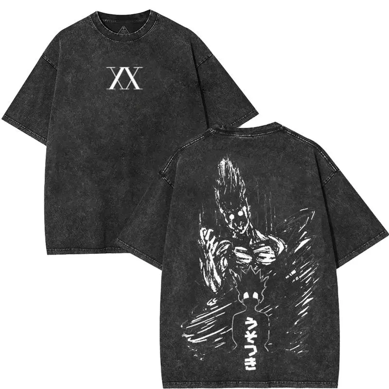 valentine shirts Hunter x hunter HXH Gon Freecss rage nen v5 Anime Manga Game Double Printed Acid Washed Menswear graphic tee