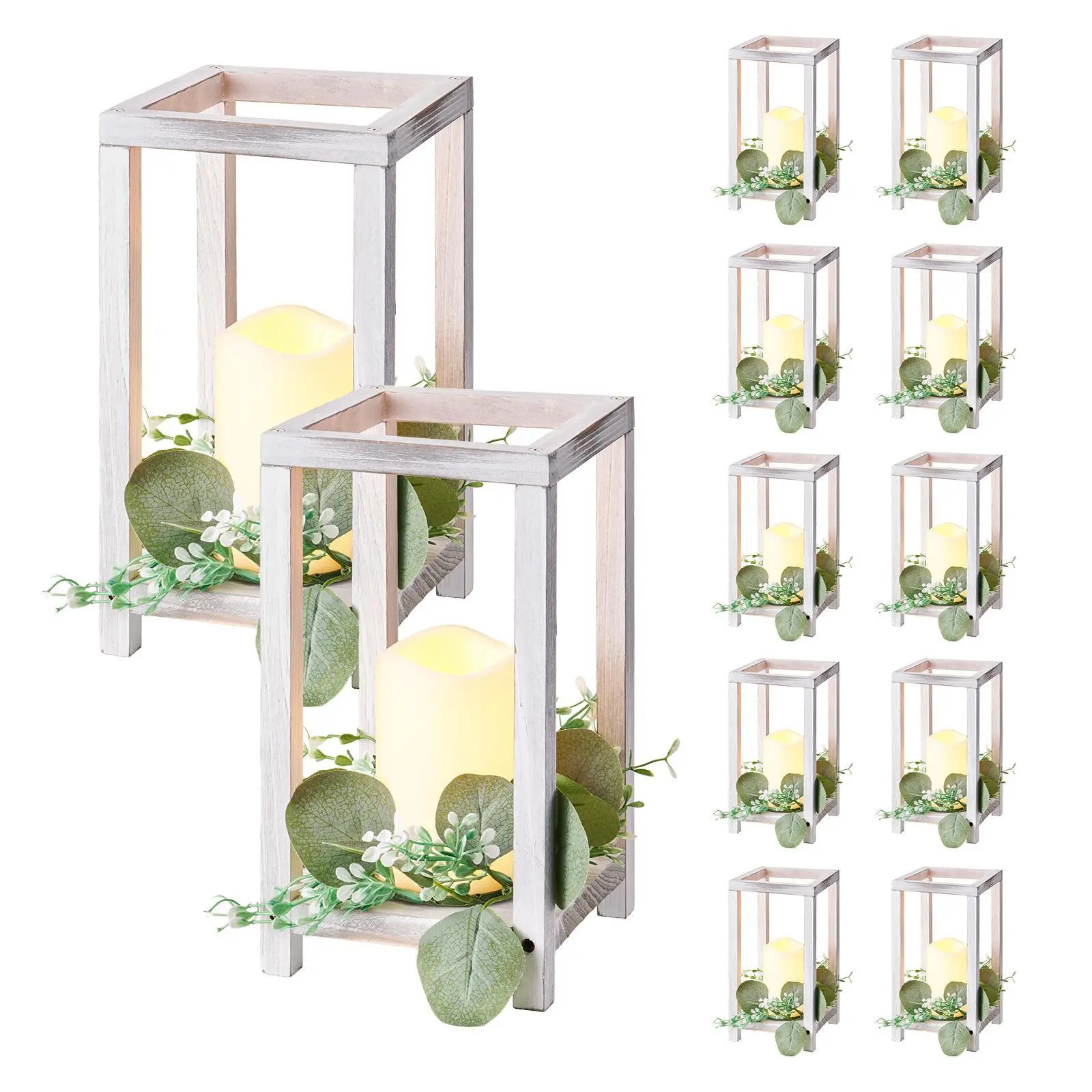 【SummerFinds】VEVOR 12 Set/36 Pcs Wooden Wedding Lantern Centerpiece, Includes 12 Wooden Lantern Candle Holder 12 Flameless LED Candle 12 Eucalyptus Leaves Wreath for Wedding Table Party Farmhouse Decor, White
