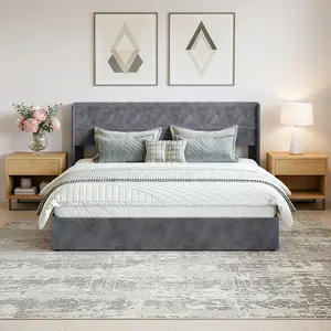 King Size Bed Frame with Storage, Hydraulic Lift Up Storage Bed, Upholstered Platform Bed Frame with Linen Fabric Wingback Headboard, 11 Inch Under Bed Space, Gray