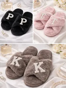 Taniri Custom Pearl Initial Faux Fur Slippers for Women, Fluffy Plush Bridal Slide Footwear, Bridesmaid Gift, Bridal Shower Gift, Wedding Morning Slippers, Personalized Bride Slippers