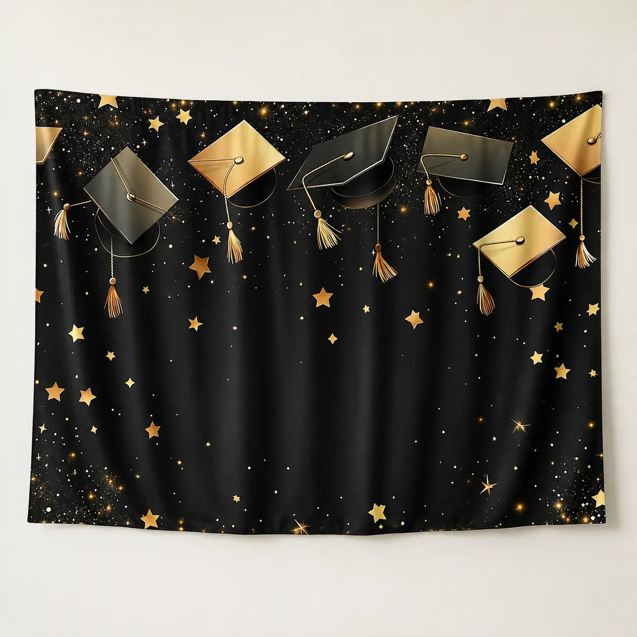 Reusable Polyester Graduation Tapestry Banner - 1pc Horizontal Backdrop, Elegant Golden Caps & Stars on Black Background, Lightweight Peach-Light Beige Fabric for Graduation Ceremony, Happy Birthday Occasion, Indoor/Outdoor Decor