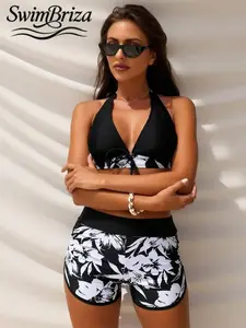 Briza｜Halter Deep V Matte Stretch Bikini In Black And White Floral Print, High Waisted Bikini Sets With Swim Shorts Set Women, Two-Piece Swimsuit And Vacation Swimwear For Women For Beach Vacation, Pool Party Confidence