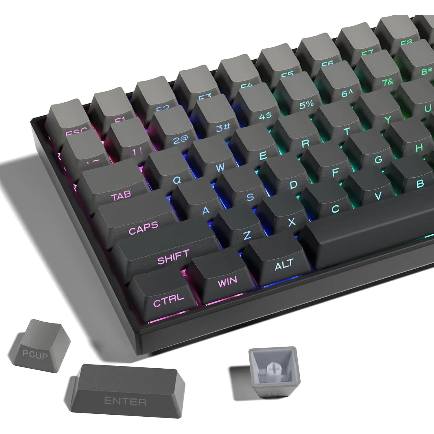 XVX PBT Gradient Gray Keycaps for Mechanical Backlit Keyboard - Side Printed, Double Shot Design, Shine Through, Minimalist Style, 136-Count, OEM Profile Phantom Keycaps