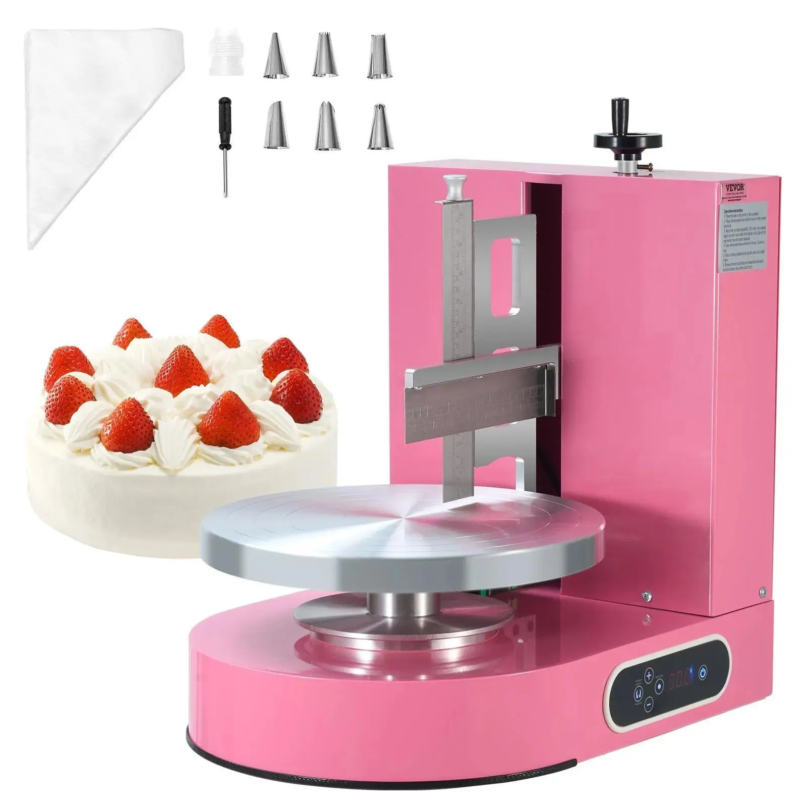 【DealsForYouDays】VEVOR Cake Decorating Machine,  , Cake Cream Spreading Coating Smearing Machine, Low Noise Cake Frosting Machine, Turntable with Adjustable Scraper, for 4" to 12" Cake, 25-320RPM Rotating Speed, Pink