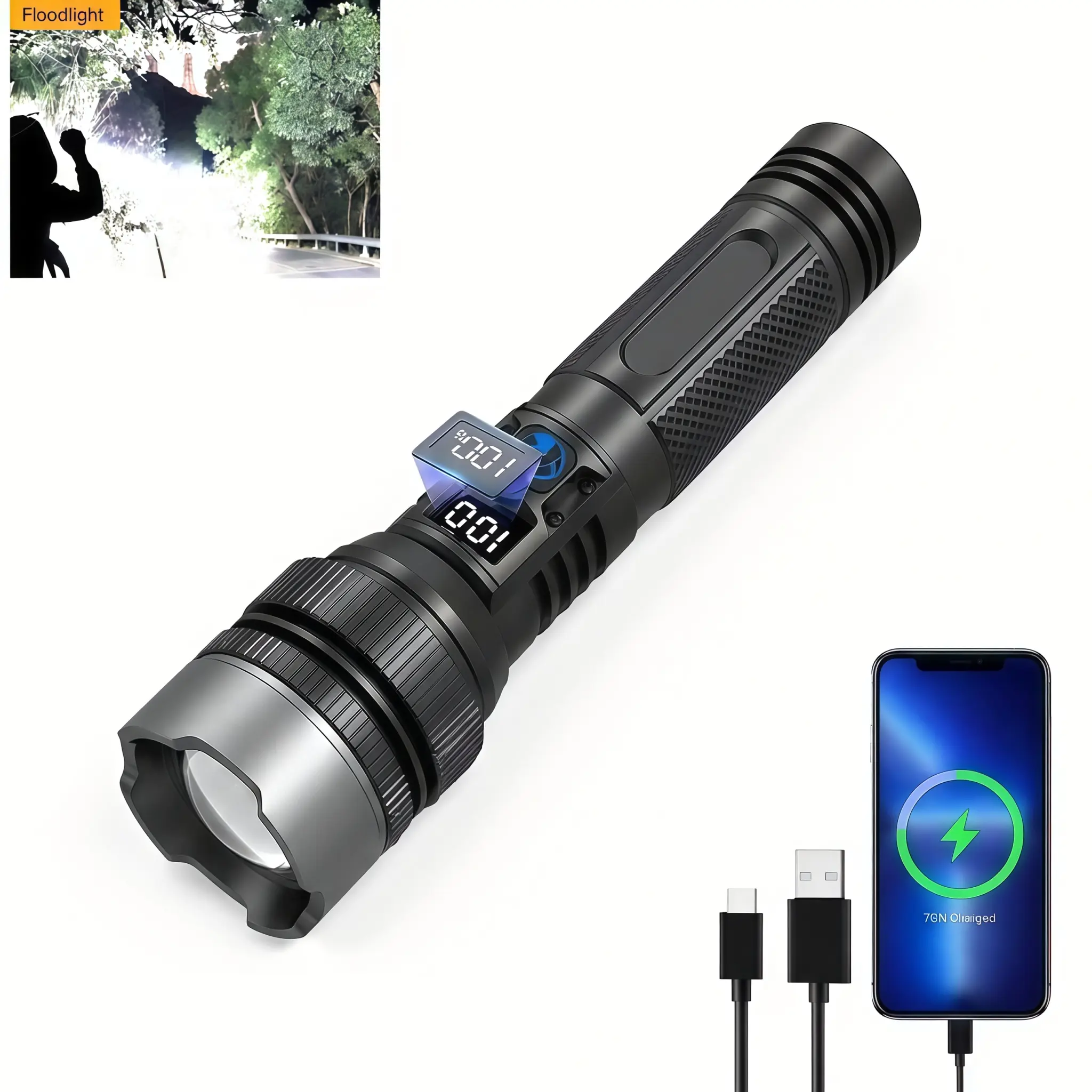 2-in-1 Rechargeable Flashlight Power Bank, Zoomable Beam, LCD Digital Power Display, 3-Mode Pocket Waterproof Light for Camping, Hiking, Home Use headlight outage emergency