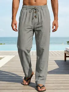 Men's Casual Linen Long Pants, Breathable Loose Fit, Button Design, Golf & Polo Wear, Indoor & Outdoor Sports, All Seasons, Casual Lounge Pants, Casual Sporty Trousers