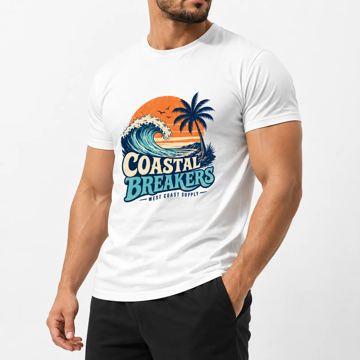 Men’s Coastal Breakers Graphic T-Shirt – Surf Wave Palm Tree West Coast Beach Tee, Ocean Sunset Surfing Streetwear Shirt, Vintage Coastal Summer Aesthetic Top, Gym Pump Cover, Casual Vacation Outfit, Gift for Surfers, Beach Life Tee