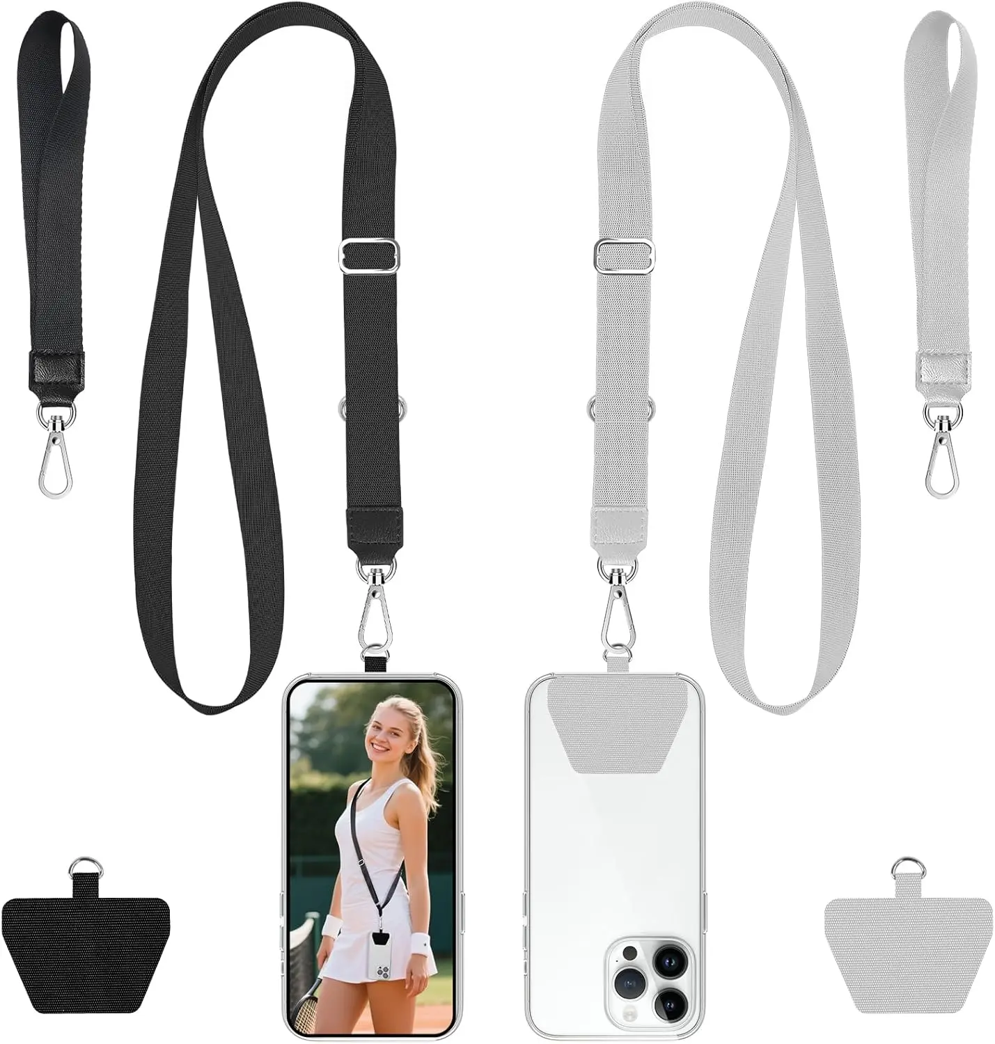 2 Pack Crossbody  Phone Lanyard, Anti-Drop Neck and Wrist Strap with 2 Pcs Tether Patches, Secure Hands-Free Compatible for iPhone Samsung Perfect for Nurses, Teachers, Travel, Hiking Black+Gray