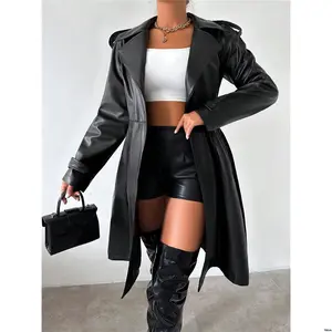 Collar Notched VaVaLuxe tiktok Pu Long Trench Coat
