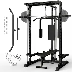Garvee Smith Machine with Bench, Heavy Duty Power Cage Squat Rack with Smith Bar, LAT Pulldown System, Chest Station & More Training Attachment, Home Gym Equipment for Strengthen Training