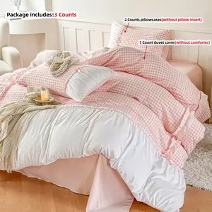 3pcs Black and pink Plaid Duvet Cover Set,1 count Duvet cover+2 counts Pillowcases(without comforter and pillow insert) 100g Polyester, Single Twin Double Queen Size, All Seasons Use