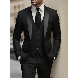 Elegant Men'S 3pcs Suit - Slim Fit Tuxedo Set for Weddings & Formal Occasions, Black Suit with White Shirt & Pants, Perfect for Office Meetings and Elegant Events, Formal Attire|Slim Fit Suit|Durable Wedding Wea