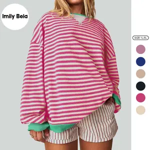 【1XL-5XL】Curve imily bela curve Womens Plus size Striped Sweatshirt Color Block Crew Neck Long Sleeve Shirt Casual Loose Pullover Top Y2K Clothes