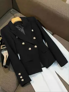Women's Double-Breasted Blazer Jacket, Buttons, Long Sleeve, Lapel Collar, Polyester, Spring & Fall Fashion