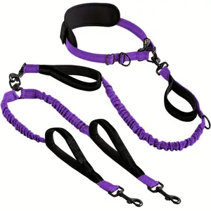 Adjustable Dog Running Harness, Shockproof Dual Dog Lead, 360° Rotation, Suitable for Large Medium Dogs, Bungee Walking Training