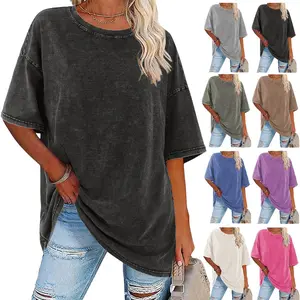 Wayii Fashion Oversized Women's 100% Cotton Acid Wash T-Shirt Casual Loose Fit Crew Neck Tee for All Seasons Streetwear Basic Tops
