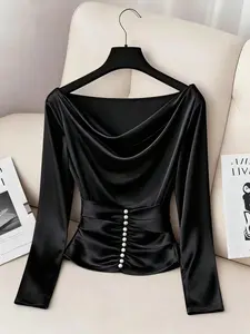 Elegant Satin Blouse Shirt Top, Plain Pattern, Fitted Design, Pearl Button Closure, Ruched Detail, Versatile for All Seasons