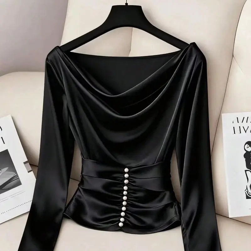 Elegant Satin Pleated Blouse Shirt Top, Long Sleeve, Plain Pattern, Fitted Design, Pearl Button Closure, Button Front Design, Ruched Detail, Pleat, Versatile for All Seasons, Womenswear