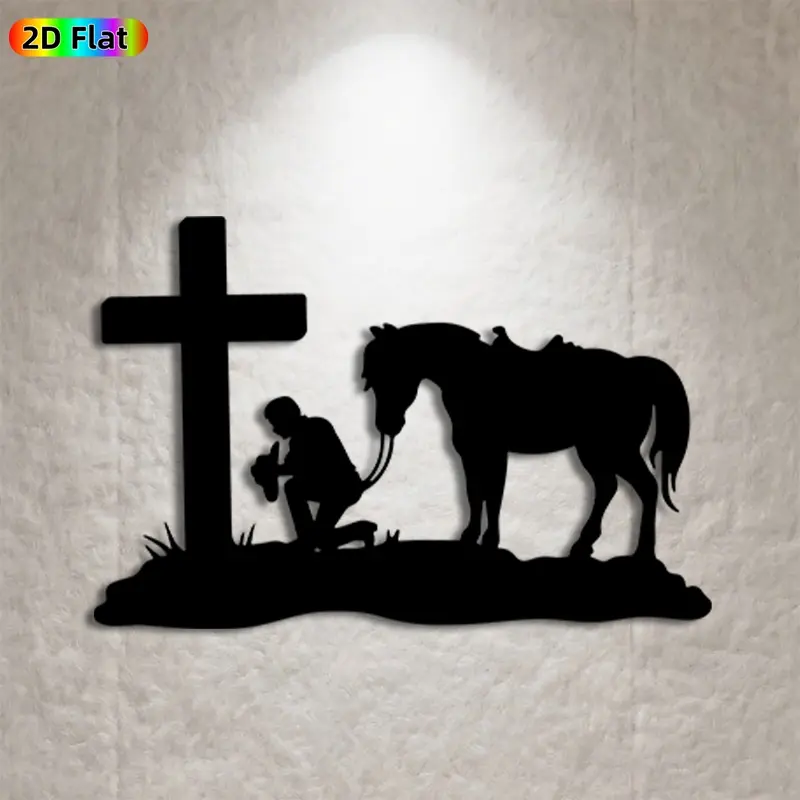 1pc Cowboy Kneeling Cross Metal Wall Art, Statue Mural, Ideal Gift for Easter, Christmas, Western Decor Enthusiasts, Rust-Resistant Metal Wall Decor, Decoration & Sculptures, Perfect for Farmhouse Wall & Garden Fence, Western Home Decor