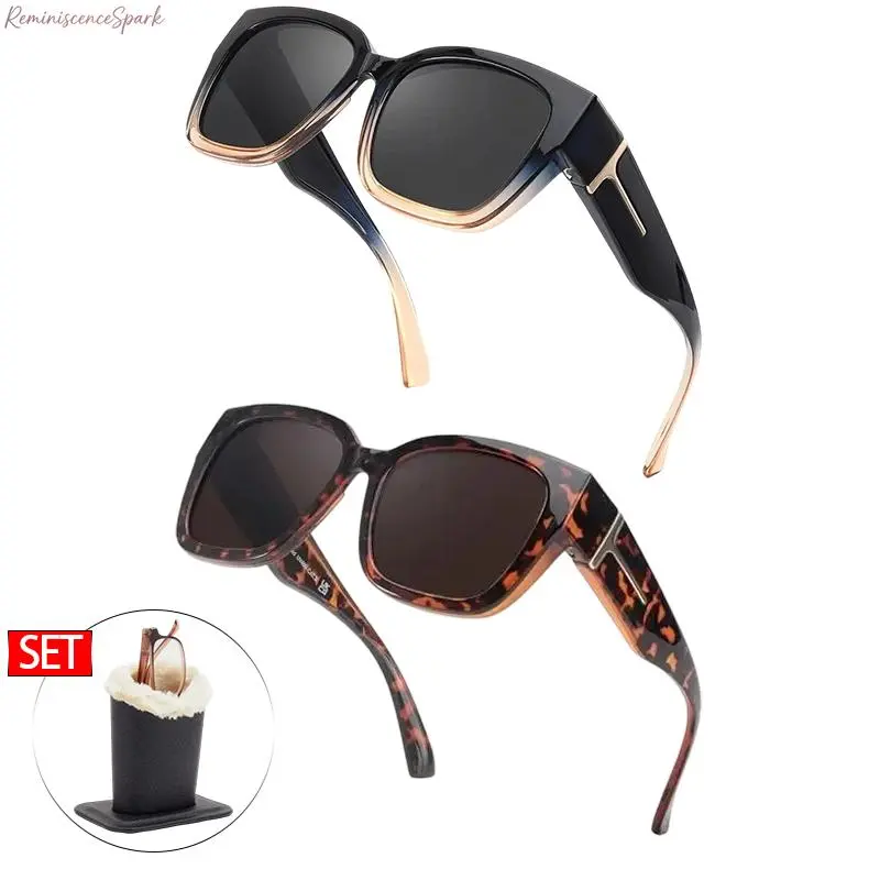 Unisex 2-Pack Polarized Fit-Over Sports Eyewear - Rectangular Mirrored Frames, Polarised & UV Protection Lenses, for Prescription Glasses, Driving, Outdoor Sports & Daily Use, Soft-Lined Vegan Leather Holder