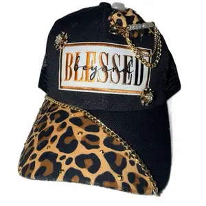 Beyond Blessed Black & Leopard Print Trucker with Gold Chain and Rhinestone Accents for Stylish Outfits
