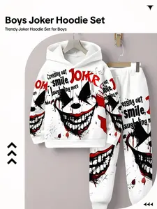 Fashion Clown Graffiti Hoodie Set, Boys' Spring & Fall Casual Fitted Two-Piece, Daily Wear Trendy Match